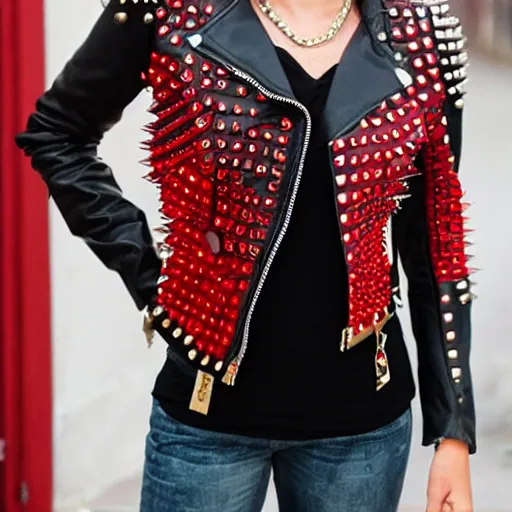 Prompt: battle jacket punk rock red and black studs spikes