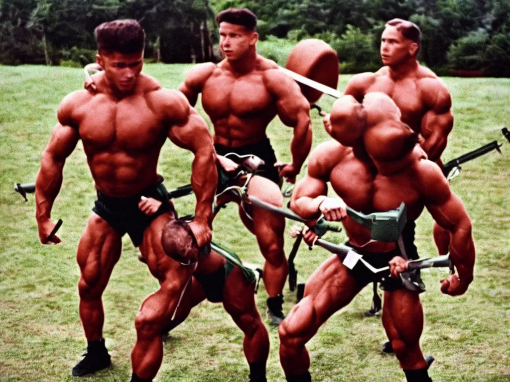 Prompt: vintage 90s VHS video still of a conjoined twin muscular soldiers training for war, retro TV, hue