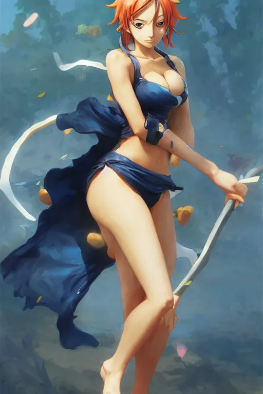 Image similar to Nami from One Piece, digital art from artstation by Ruan Jia and Mandy Jurgens and Artgerm and william-adolphe bouguereau