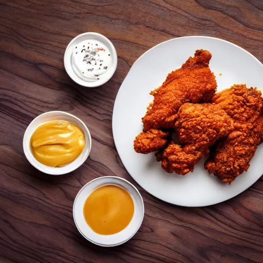 Image similar to large plate of delicious greasy fried chicken, with a side of dipping sauces, realistic advertising photography, 4K resolution, spot lighting