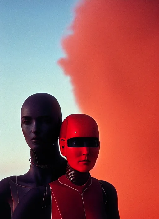 Image similar to cinestill 5 0 d photographic portrait by steve mccurry of two loving female androids wearing rugged black mesh techwear on a desolate plain with a red sky, extreme closeup, cyberpunk style, dust storm, 8 k, hd, high resolution, 3 5 mm, f / 3 2, ultra realistic faces, ex machina, blade runner