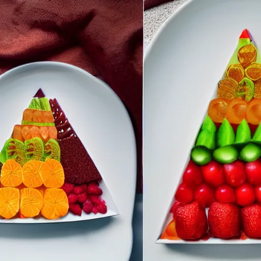 Image similar to beautiful photo of the pyramids made of fruit pieces on a white plate, dslr