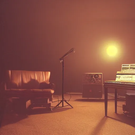 Image similar to dimly lit music studio, cigarette smoke haze, cinematic lighting, warm colors, shag carpet, 1970's