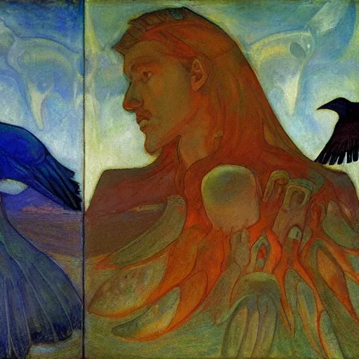 Image similar to war between the crow crown and the house of moths, by Annie Swynnerton and and Nicholas Roerich and Diego Rivera, symbolist, dramatic lighting, elaborate geometric ornament, god rays, rich colors,smooth, sharp focus, extremely detailed