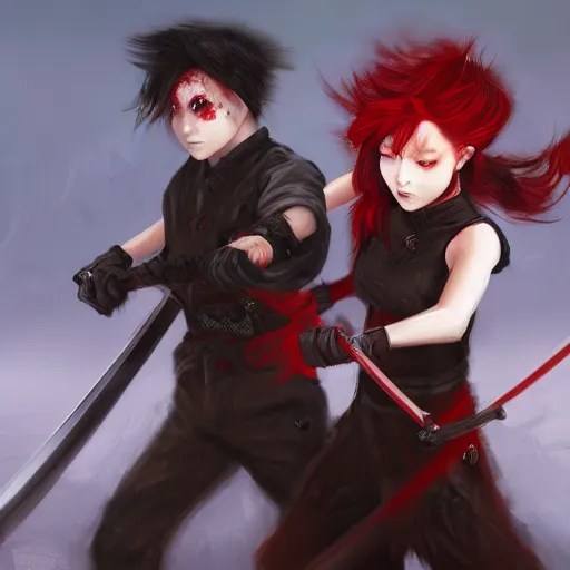 Prompt: a concept art of a boy and a girl with red hair holding a katana, gothic clothes, action shot, highly detailed, digital painting, artstation, concept art, smooth, sharp focus, illustration