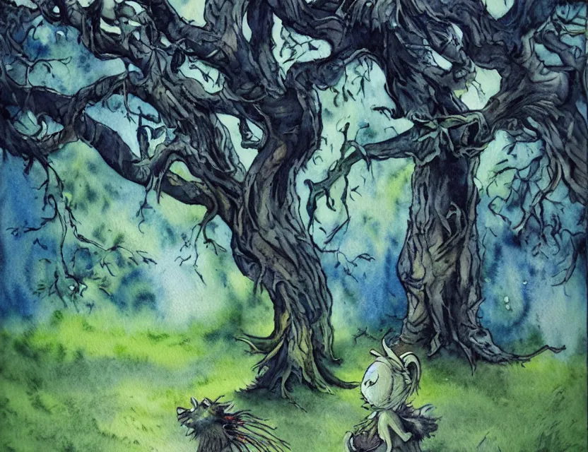 Image similar to lost forest spirit in an orchard. this watercolor painting by the award - winning comic artist has dramatic lighting, an interesting color scheme and great sense of depth.