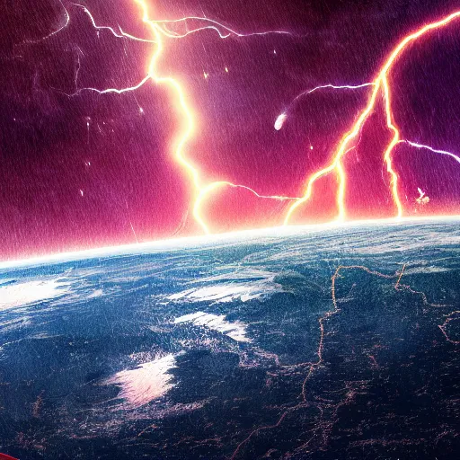 Prompt: Stormy planet, lightning, rain, view from space, digital art, digital painting, illustration, 4k