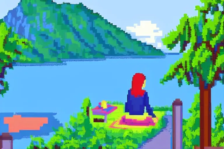 Prompt: a girl on the terrace of a house by a mountain lake during the day, pixel art