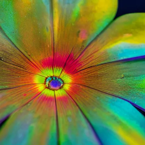 Image similar to macro photograph of a pretty flower with rainbow petals on a long green stem