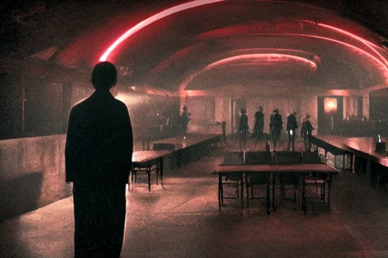 Image similar to a dark conference hall, half - occupied with people, atmospheric and obscure, red neon light, by roger deakins, cinematography, syd mead, dave mckean