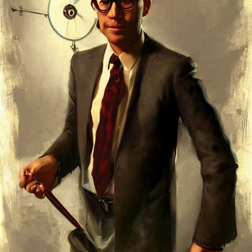 Prompt: a painting of a man with glasses and a tie, a fine art painting by drew struzan, featured on deviantart, fantastic realism, official art, oil on canvas, poster art
