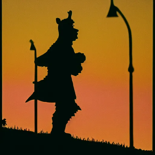 Image similar to a 2 8 mm macro photo of shrek in silhouette in the 1 9 7 0 s, bokeh, canon 5 0 mm, cinematic lighting, dramatic, film, photography, golden hour, depth of field, award - winning, 3 5 mm film grain, low angle
