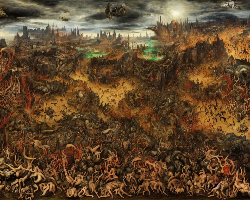 Image similar to doom eternal by jakub rozalski, zoomed garden of eternal delights hell by hieronymus bosh, zoom on triumph of death by pieter brueghel, doom eternal by hieronymus bosh