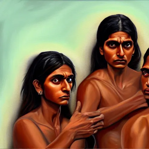 Prompt: a painting of a terrified brown woman with three brown men in background, hyperrealistic faces, detailed digital art, aesthetic!, trending on artstation,