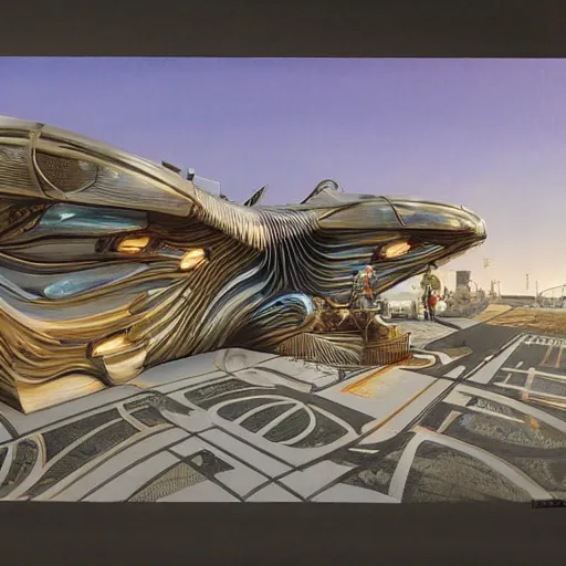 Image similar to painting of syd mead artlilery scifi parametric house with ornate metal work lands on a sidewalk, filigree ornaments, volumetric lights, simon stalenhag