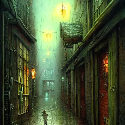 Image similar to strange alleyway, rainy night by Andrew Ferez, Shaun Tan