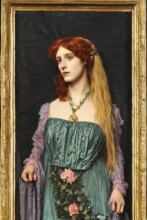 Prompt: a pre-raphaelite portrait of a woman in a mythical dress with floral decoration