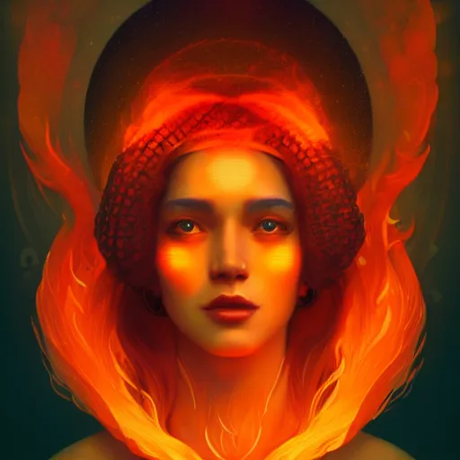 Prompt: a beautiful portrait of a flame goddess by Petros Afshar and Beeple and Tom Bagshaw, Trending on Artstation, Flaming Background