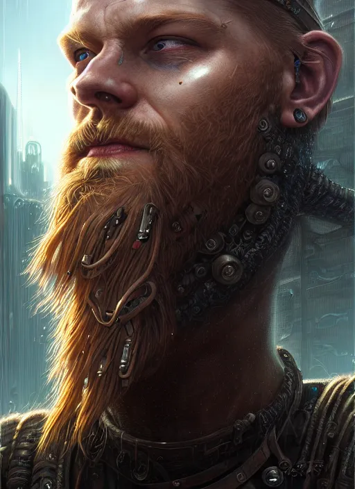 Image similar to closeup portrait shot of a cyberpunk viking in a scenic dystopian environment, intricate, elegant, highly detailed, centered, digital painting, artstation, concept art, smooth, sharp focus, illustration, artgerm, tomasz alen kopera, peter mohrbacher, donato giancola, joseph christian leyendecker, wlop, boris vallejo