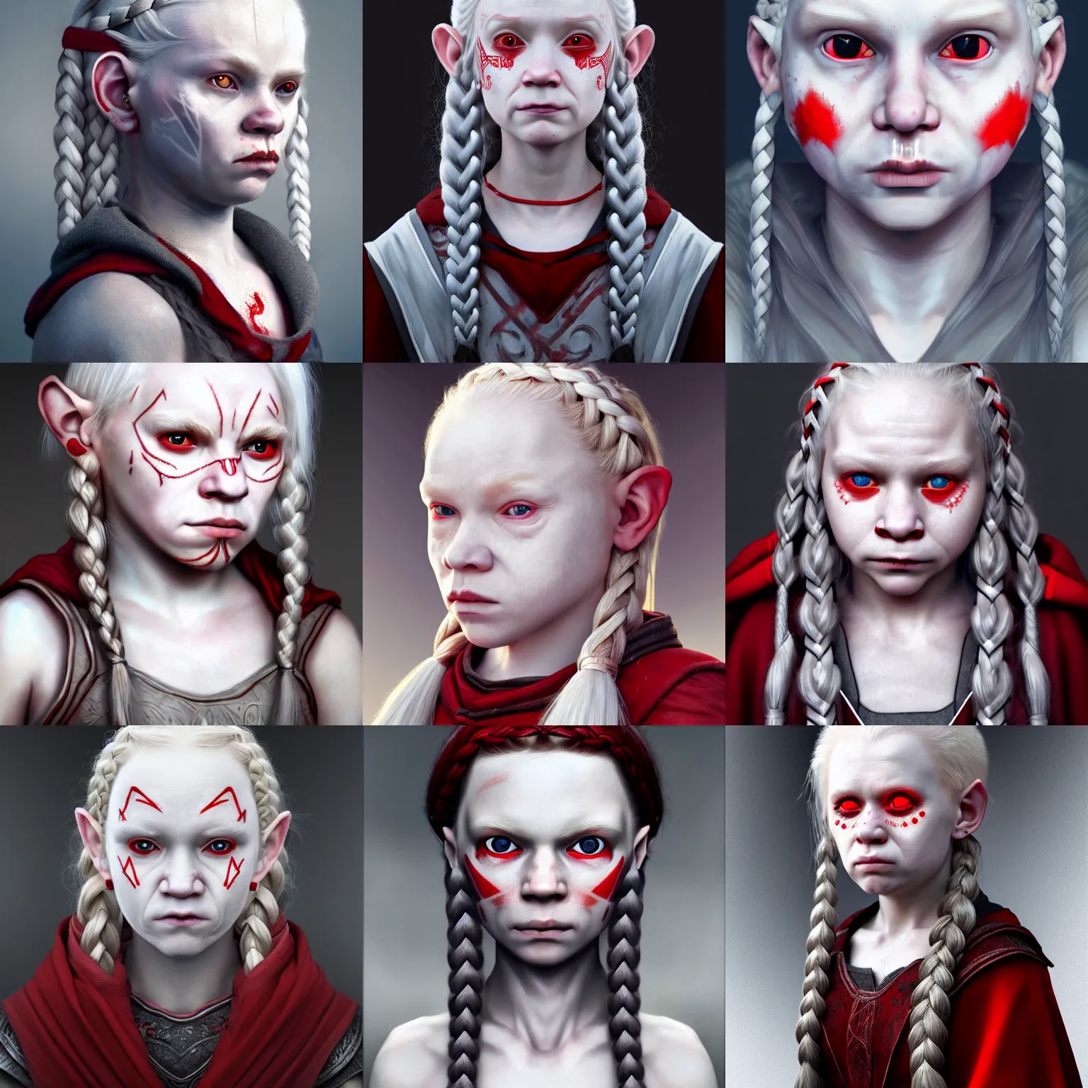 Prompt: realistic portrait of a young albino female halfling with red! eyes and white! braided hair and a grey! cloak and geometric facial tattoos, haunted and sad expression, artstation, cinematic lighting, hyper - detailed 8 k, digital art, full face