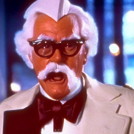 Prompt: A still of Colonel Sanders as an evil supervillain in a 1980s movie