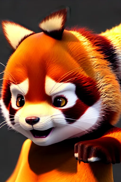 Prompt: high quality 3 d render hyperrealist very cute red panda & cat hybrid, vray, detective pikachu, very dramatic light, low angle, uhd 8 k, shallow depth or field