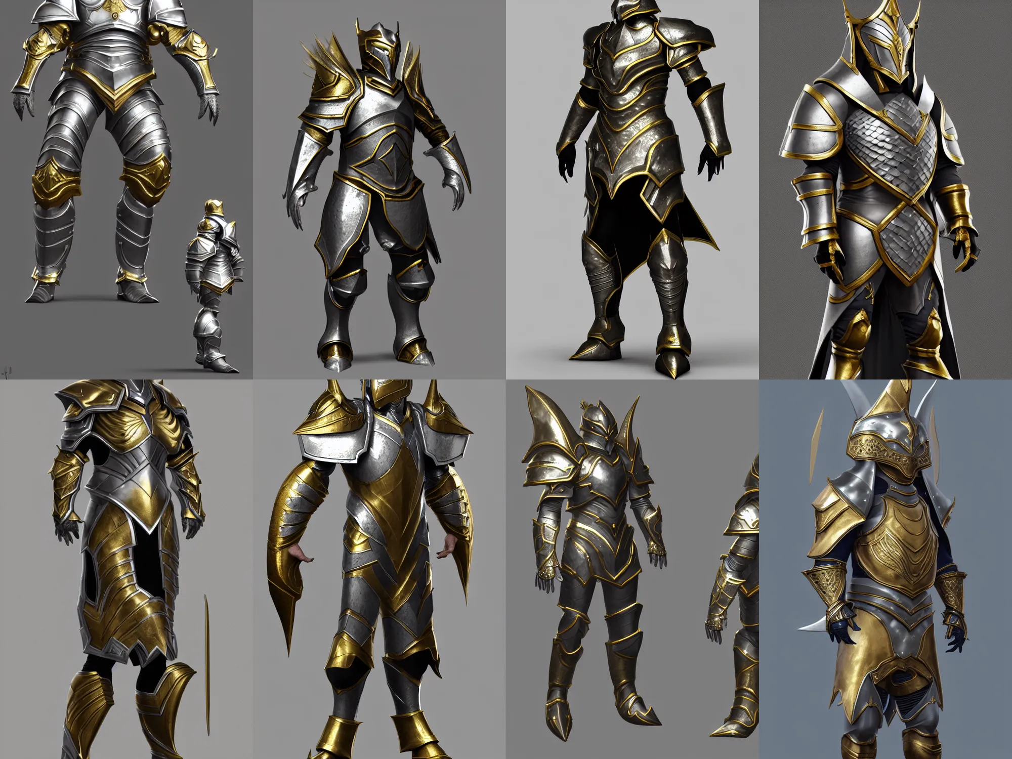 Image similar to render of heavy fantasy armor for a wizard, silver with gold trim, hyperrealistic, extremely clean, flat shading, exaggerated proportions, trending on Artstation, fantasy character concept, HD Octane render