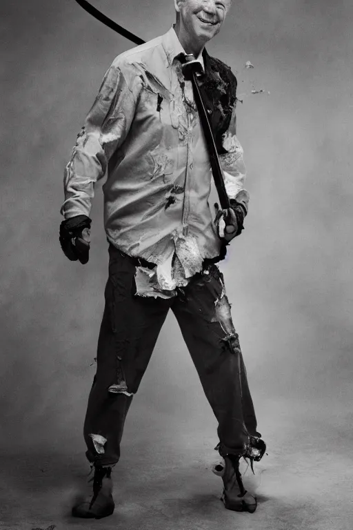 Image similar to Joe Biden with tattered clothes covered in scars holding a katana, dynamic pose, full body portrait, photograph