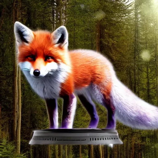 Image similar to a purple fox with a long fluffy and shiny coat sits in the forest on a ufo flying saucer. super realistic photo. clear details