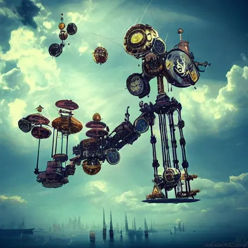 Image similar to flying city in a mechanical flower flower flower flower, sky, steampunk!!!, fantasy art, steampunk, masterpiece, octane