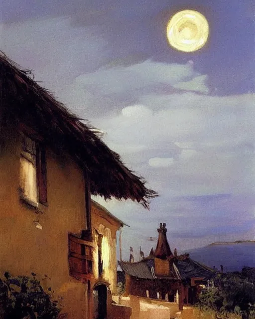 Image similar to Painting by Greg Rutkowski, painting by Valentin Serov, at night a big ceramic jug with gold ornaments flies high in the night dark blue sky above a small village with white houses under thatched roofs, stars in the sky