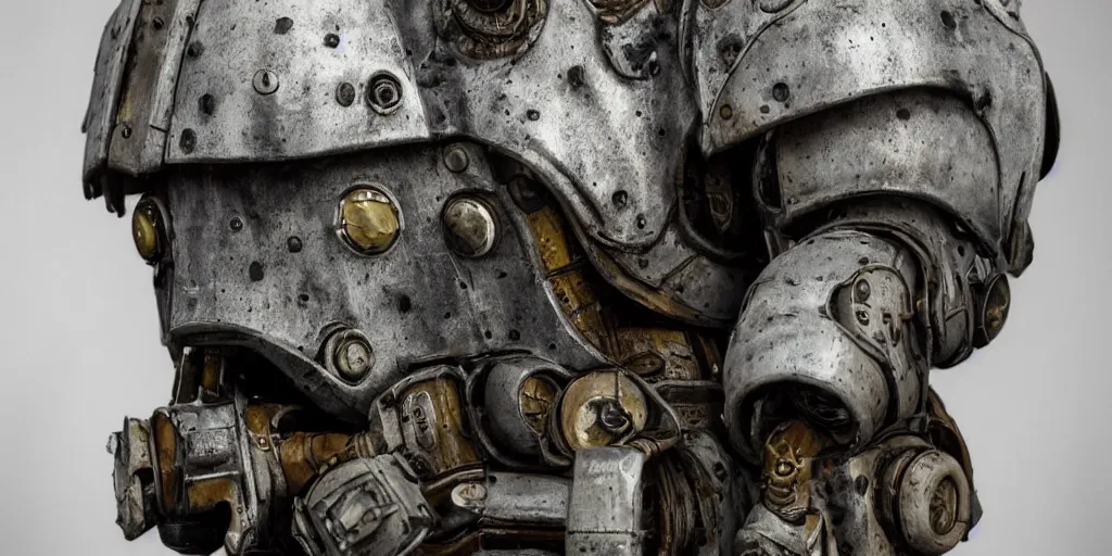 Prompt: low angle wide shot photo taken of an epic intricate, ultra detailed, super realistic gritty, hero prop, exquisitely weathered very clunky, bulky fallout 5 power armour suits movie prop replica's in a row in the workshop, created by weta workshop, full body shot, photorealistic, sharp focus, white wall, cold colour temperture, slight fish eye