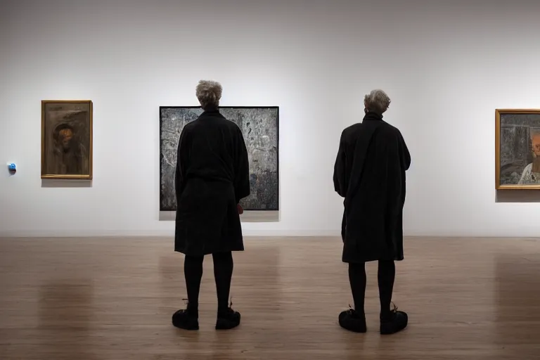 Image similar to back view of a man wearing old weathered robe in front of the framed painting in the minimalistic modern art gallery, by rutkovski and stalenhag and david lynch