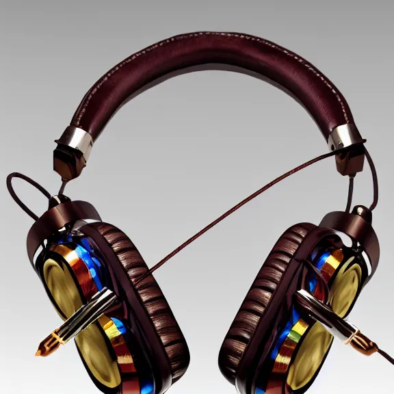 Image similar to masterpiece photo of beautiful crafted artistic bismuth metal headphones, bismuth rainbow metal, bismuth cups, leather padding, displayed on mahogany desk, modernist headphones, bismuth headphones beautiful well designed, hyperrealistic, audiophile, intricate hyper detail, extreme high quality, photographic, audeze, sennheiser, hifiman, artstation, abyssal audio