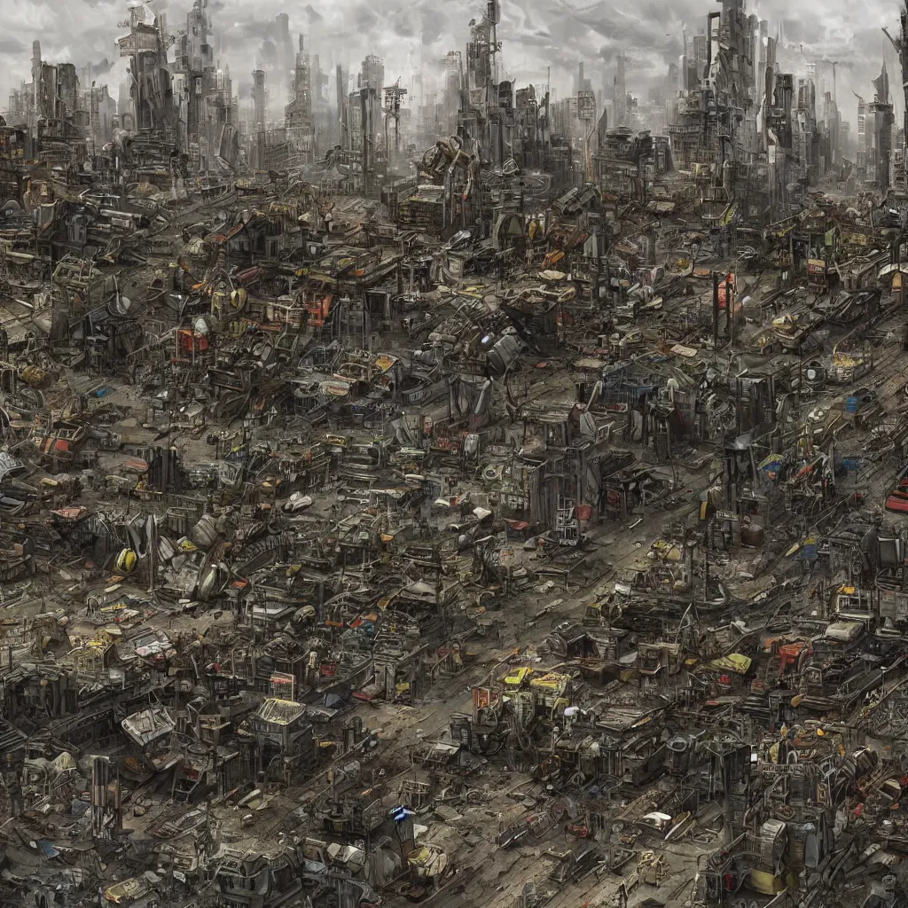 Image similar to big post apocalyptic city made of junk