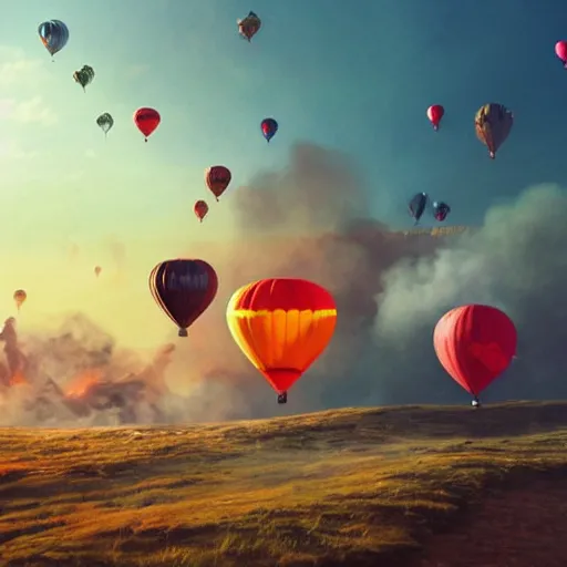 Prompt: colorful hot air balloons float over a fiery battlefield of smoke, fantasy, concept art, colorful, vivid