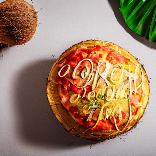 Image similar to a coconut ((🍕)) made entirely out of 🥥 , 🥥 🍕 hybrid, 4k food photography