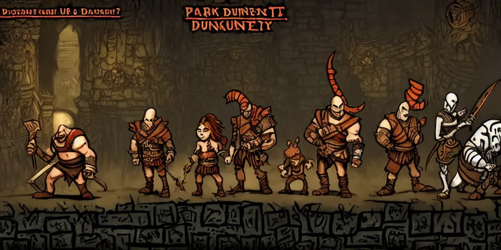 Prompt: shrek, donkey, aynami rei and kratos as characters in darkest dungeon, screenshot from the game, highly detailed, dark atmosphere