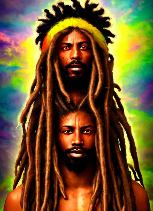 Image similar to portrait of fearless jamaican rasta warrior with flowing dreadlocks, surrounded by spirit of ganja. afrogoth intricate digital matte painting concept art, warpaint aesthetic, colorful, psychedelic, beautifully backlit, subtle tones, sharp focus, cinematic aesthetic octane render, volumetric lighting, by edmund leighton, james jean, ross tran and artgerm