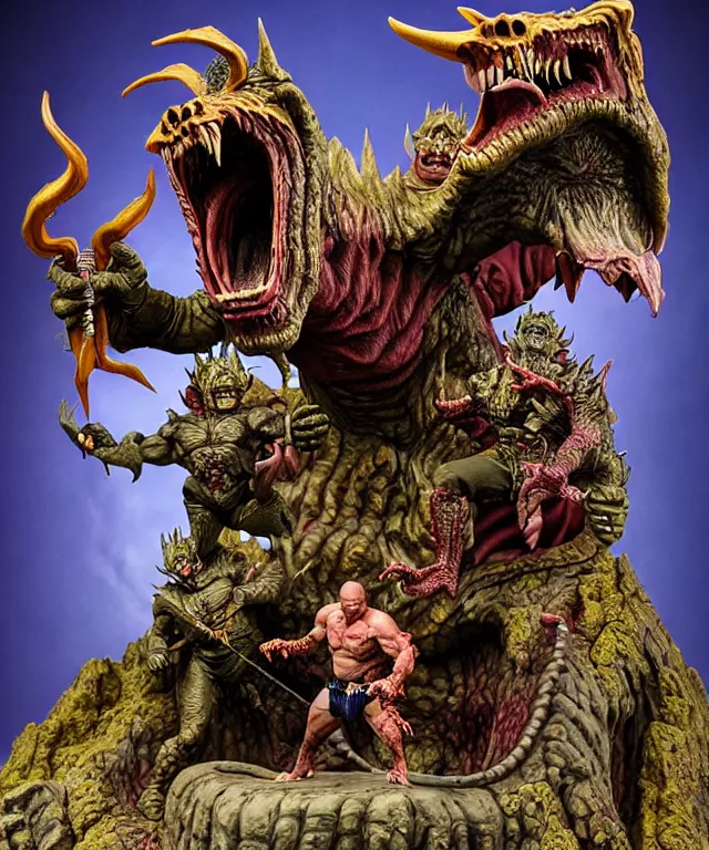 Image similar to a hyperrealistic rendering of an epic boss fight against an ornate supreme dark overlord by art of skinner and richard corben, product photography, mountain nightmare castle playset, collectible action figure, sofubi