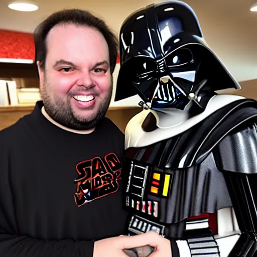 Image similar to Rich Evans with a Darth Vader! helmet! holding a Astromech toy!