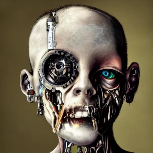 Prompt: photorealistic portrait of a twisted, corrupted, decaying cyborg