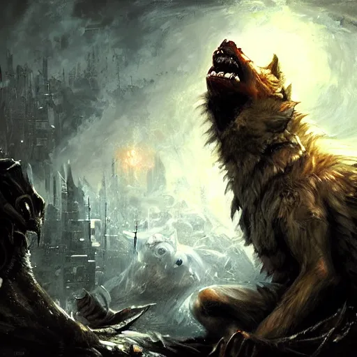 Prompt: Werewolf, epic scene, paint by Raymond Swanland