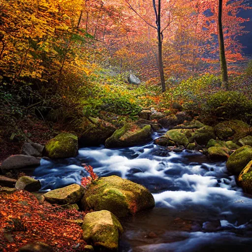 Image similar to beautiful mountain view next to a stream flowing, beautiful autumn morning, sunshine rays coming through the misty forest, ominous evil necromancer floating above the river staring at you. Magic realism hyperrealism photo-realistic lifelike maximalist psychedelic photography by Greg Rutowski and Keith Thompson 8k