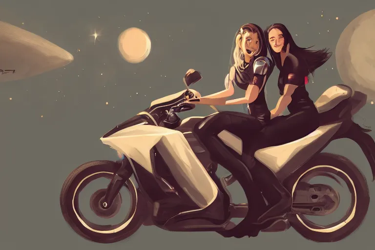 Image similar to a girl is riding a motorbike, digital painting, artstation, the space background,concept art, illustration,