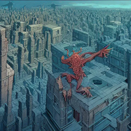 Image similar to cell shaded adult animation, a birds eye view overlooking a walled off ancient fantasy city being attacked by horrific monsters, concept art by josan gonzales and wlop, Laurie Greasley, Jordan Grimmer, Beksiński and james jean, highly detailed, sharp focus, Trending on Artstation, HQ, deviantart, art by artgem