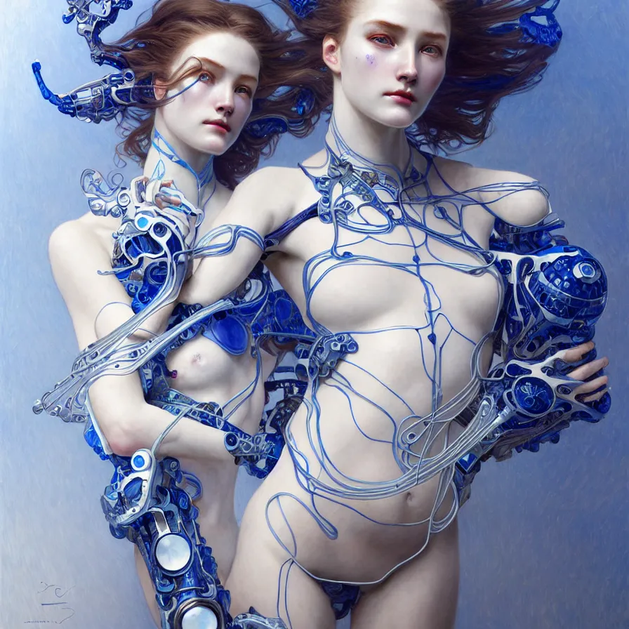 Image similar to organic cyborg, blue and white porcelain, diffuse lighting, fantasy, intricate, elegant, highly detailed, lifelike, photorealistic, digital painting, artstation, illustration, concept art, smooth, sharp focus, art by john collier and albert aublet and krenz cushart and artem demura and alphonse mucha
