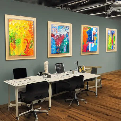 Image similar to painting gallery workplace, art style by bryen frost