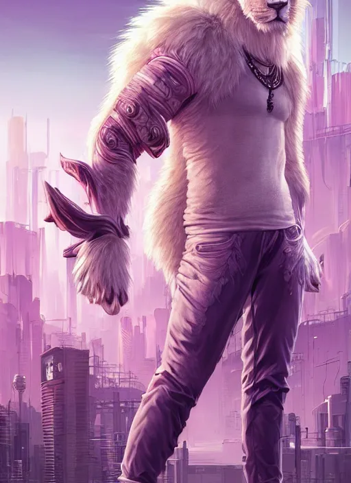 Prompt: aesthetic portrait commission of a of a male fully furry muscular anthro albino lion with a tail and a beautiful attractive hyperdetailed face wearing stylish and creative unkempt black and pink cyberpunk 2077 clothes in a sci-fi dystopian city at golden hour while it storms in the background. Character design by charlie bowater, ross tran, artgerm, and makoto shinkai, detailed, inked, western comic book art, 2021 award winning painting