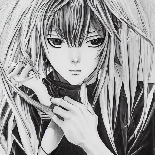 Prompt: Asuka Langley from Evangelion portrait drawn Yusuke Murata and Takeshi Obata, inspired by Death Note 2003 manga,intricate detail, photorealistic style, intricate detailed oil painting, detailed illustration, oil painting, painterly feeling, sharp high detail